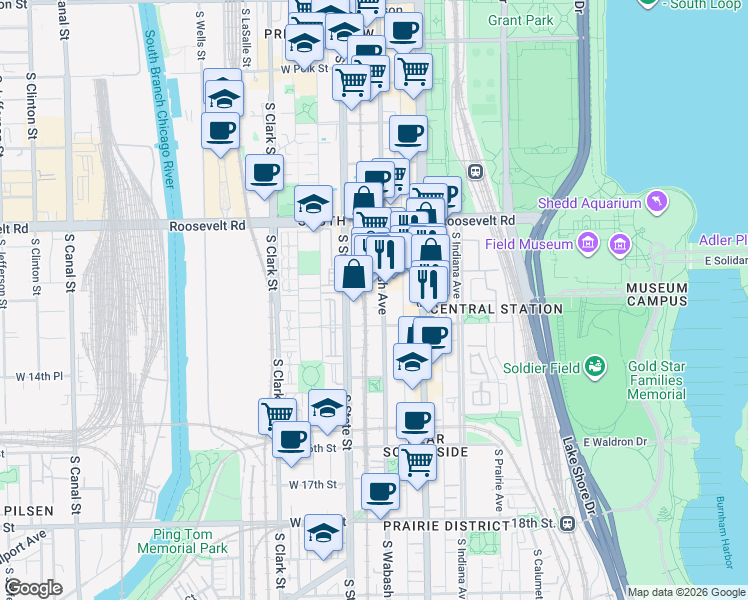 map of restaurants, bars, coffee shops, grocery stores, and more near 1327 South Wabash Avenue in Chicago