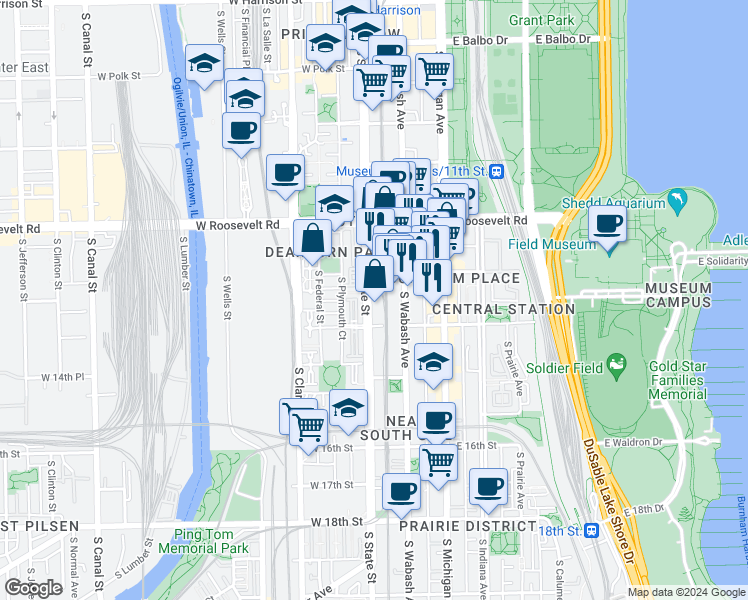 map of restaurants, bars, coffee shops, grocery stores, and more near 1301 South State Street in Chicago