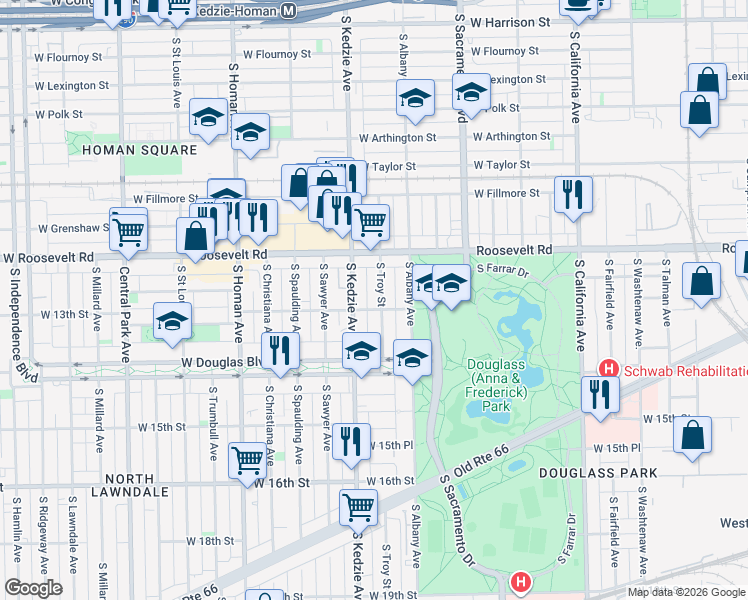 map of restaurants, bars, coffee shops, grocery stores, and more near 1246 South Troy Street in Chicago