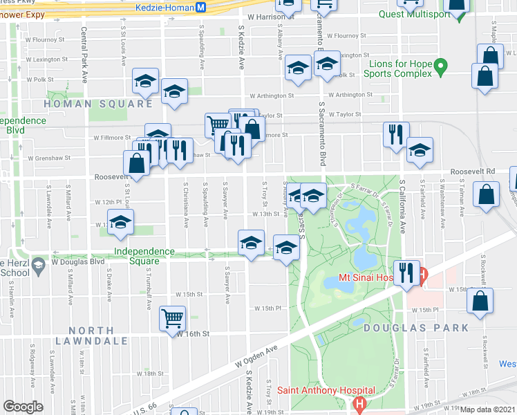 map of restaurants, bars, coffee shops, grocery stores, and more near 1246 South Troy Street in Chicago