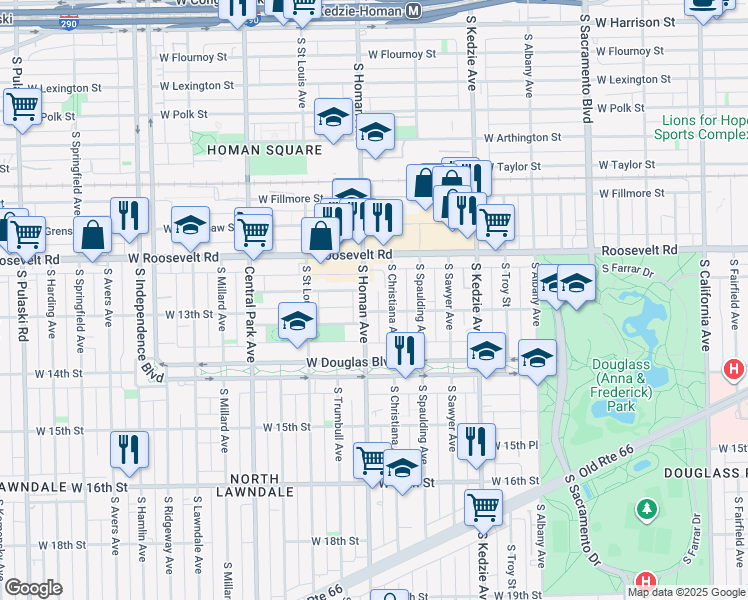 map of restaurants, bars, coffee shops, grocery stores, and more near 1244 South Christiana Avenue in Chicago