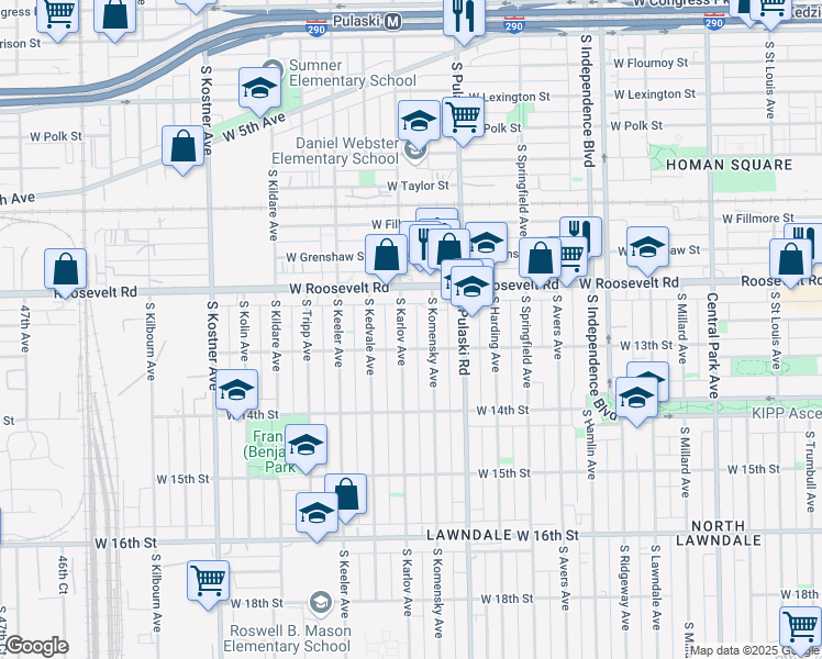map of restaurants, bars, coffee shops, grocery stores, and more near 1235 South Karlov Avenue in Chicago