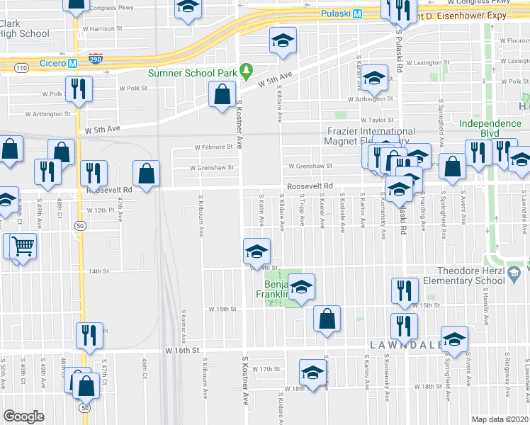 map of restaurants, bars, coffee shops, grocery stores, and more near 1235 South Kolin Avenue in Chicago