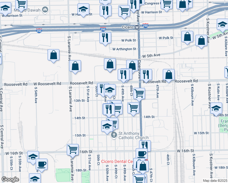 map of restaurants, bars, coffee shops, grocery stores, and more near 1220 South 49th Court in Cicero