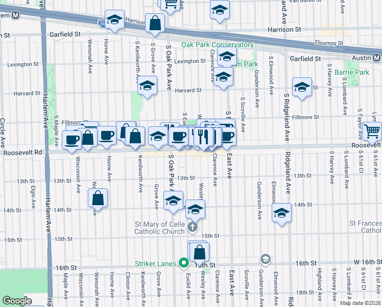 map of restaurants, bars, coffee shops, grocery stores, and more near 6713 12th Street in Oak Park