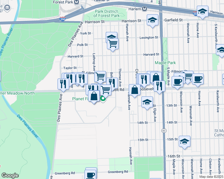 map of restaurants, bars, coffee shops, grocery stores, and more near 7503 Roosevelt Road in Forest Park