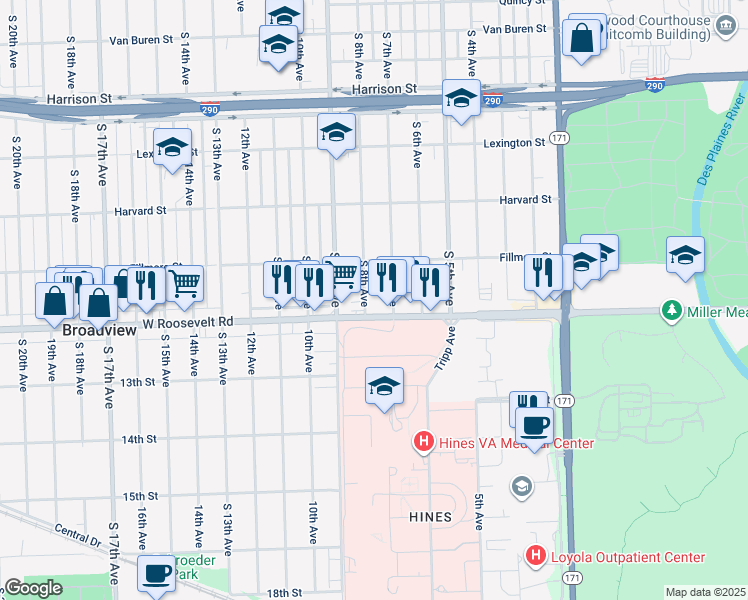 map of restaurants, bars, coffee shops, grocery stores, and more near 2125 South 8th Avenue in Maywood