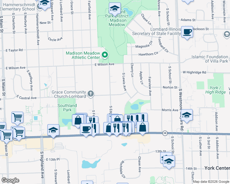 map of restaurants, bars, coffee shops, grocery stores, and more near 612 East Central Avenue in Lombard