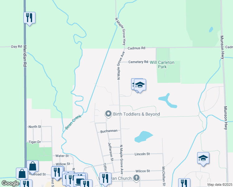 map of restaurants, bars, coffee shops, grocery stores, and more near 760 North Maple Grove Avenue in Hudson