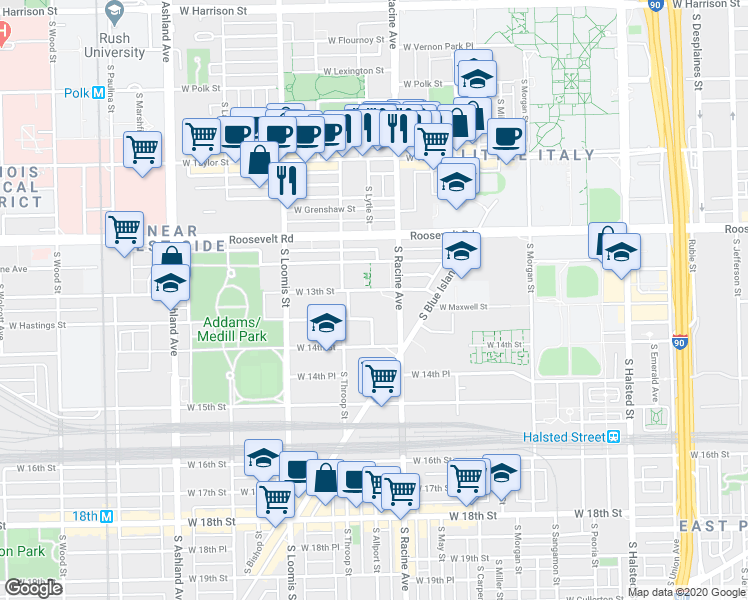 map of restaurants, bars, coffee shops, grocery stores, and more near 1312 South Racine Avenue in Chicago