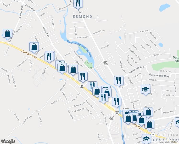 map of restaurants, bars, coffee shops, grocery stores, and more near 39 Angell Street in Johnston