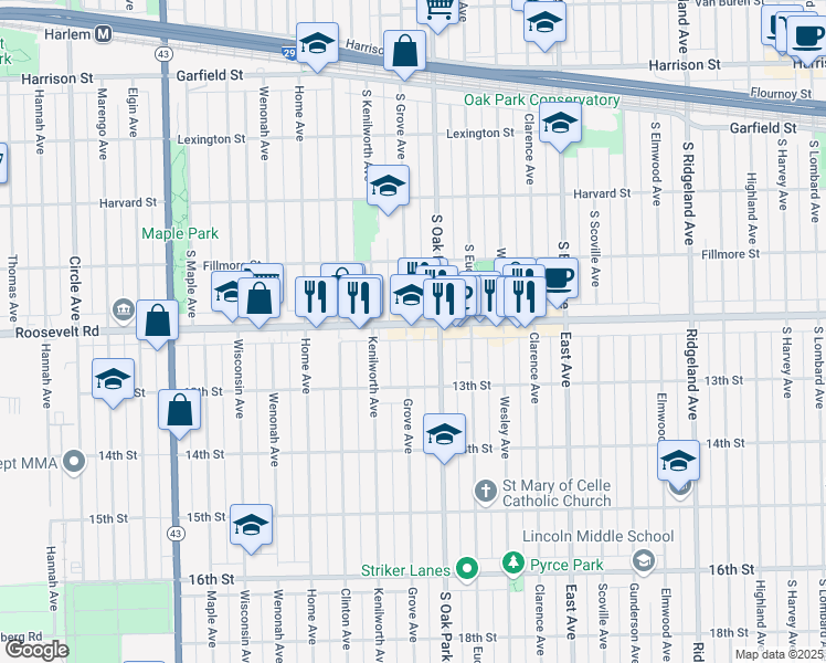 map of restaurants, bars, coffee shops, grocery stores, and more near 6823 Roosevelt Road in Oak Park