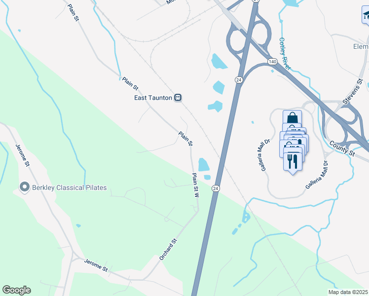 map of restaurants, bars, coffee shops, grocery stores, and more near 289 Plain Street in Taunton