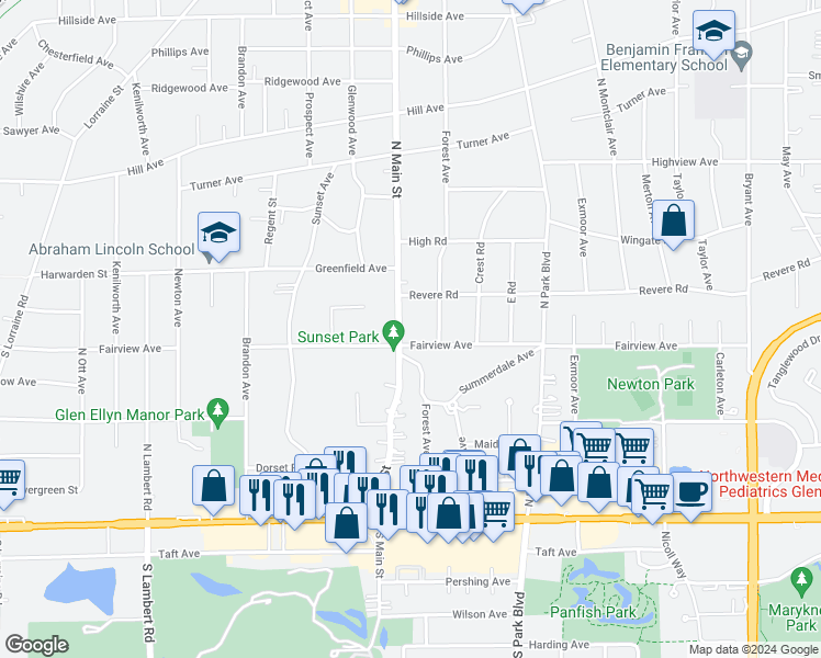 map of restaurants, bars, coffee shops, grocery stores, and more near 151 North Main Street in Glen Ellyn