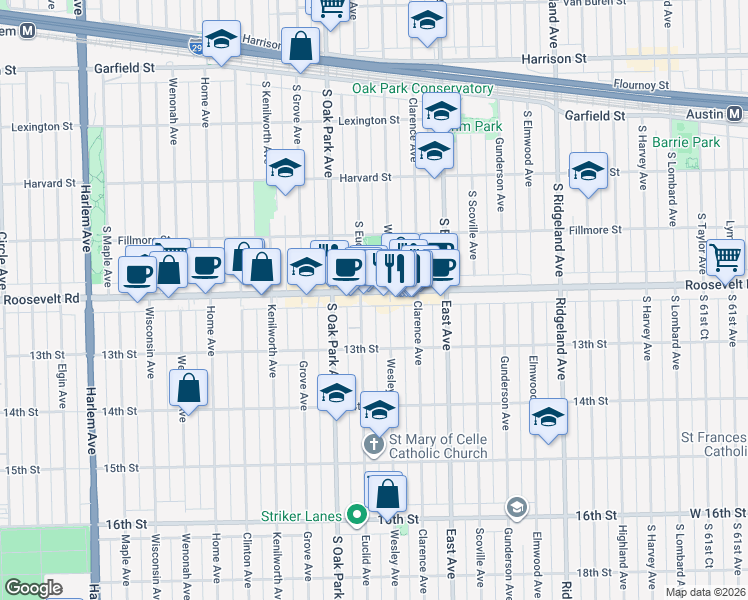 map of restaurants, bars, coffee shops, grocery stores, and more near 6713 12th Street in Oak Park