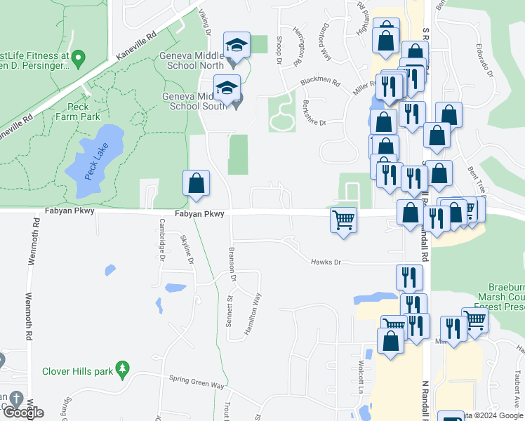 map of restaurants, bars, coffee shops, grocery stores, and more near W446 Fabyan Parkway in Geneva