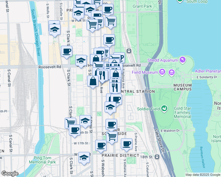 map of restaurants, bars, coffee shops, grocery stores, and more near 1326 South Michigan Avenue in Chicago