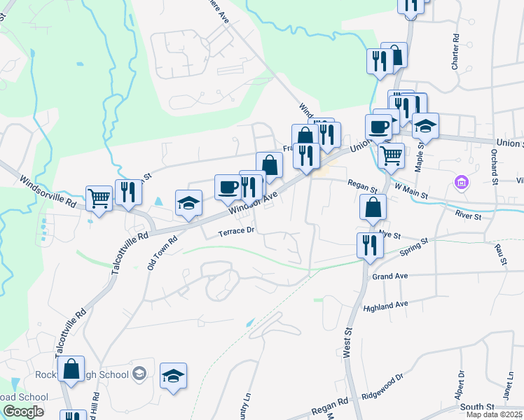 map of restaurants, bars, coffee shops, grocery stores, and more near 67 Windsor Avenue in Vernon