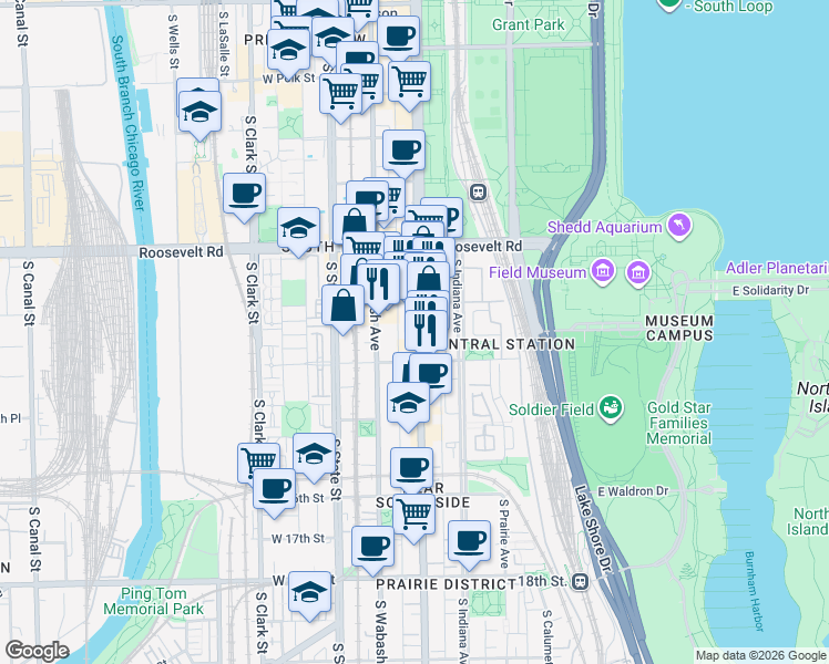 map of restaurants, bars, coffee shops, grocery stores, and more near 1325 South Michigan Avenue in Chicago