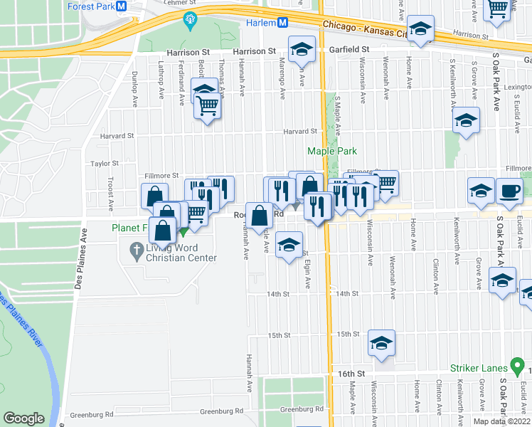 map of restaurants, bars, coffee shops, grocery stores, and more near W Roosevelt Rd & Circle Ave in Forest Park