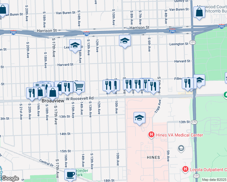 map of restaurants, bars, coffee shops, grocery stores, and more near 2124 South 10th Avenue in Maywood