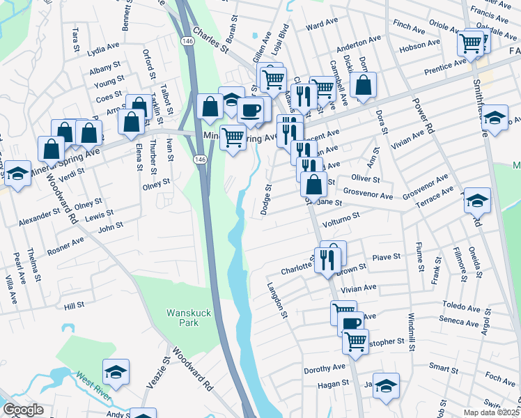 map of restaurants, bars, coffee shops, grocery stores, and more near 17 Dodge Street in North Providence