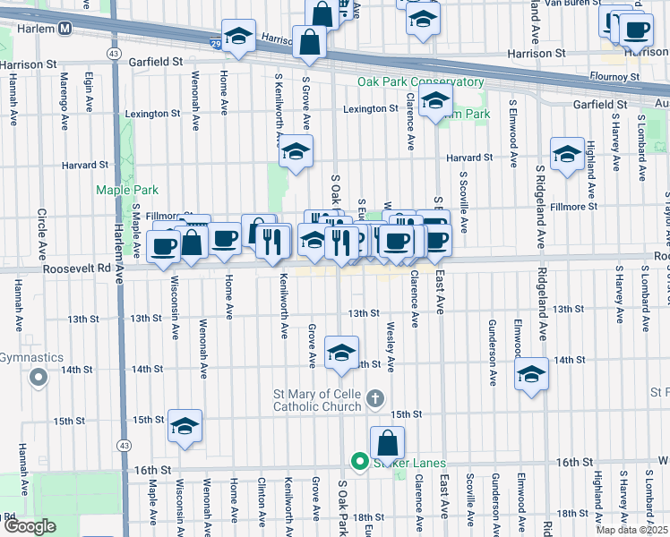 map of restaurants, bars, coffee shops, grocery stores, and more near in Oak Park