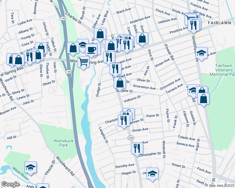 map of restaurants, bars, coffee shops, grocery stores, and more near 990 Rhode Island 246 in North Providence
