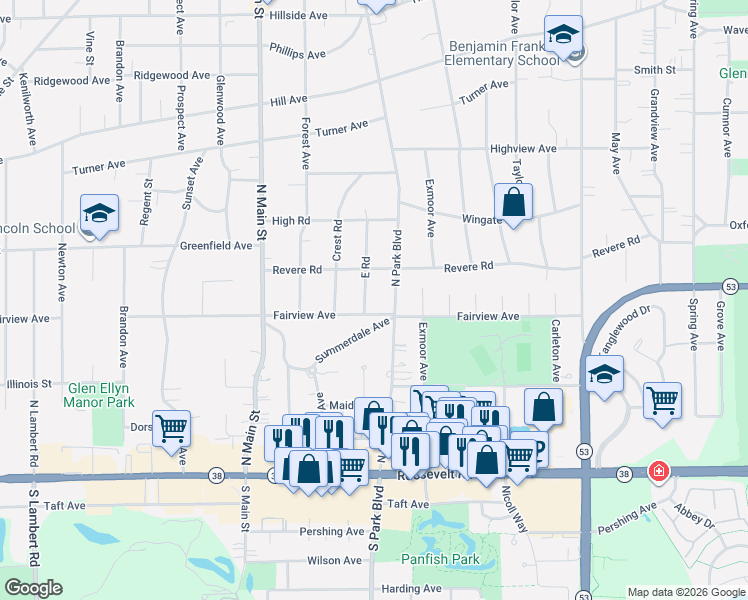 map of restaurants, bars, coffee shops, grocery stores, and more near 151 East Road in Glen Ellyn