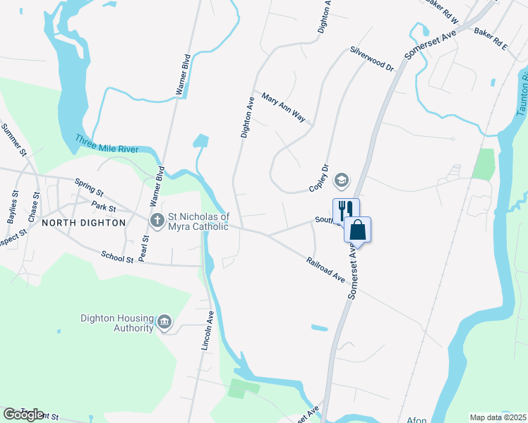 map of restaurants, bars, coffee shops, grocery stores, and more near 836 Dighton Avenue in Taunton