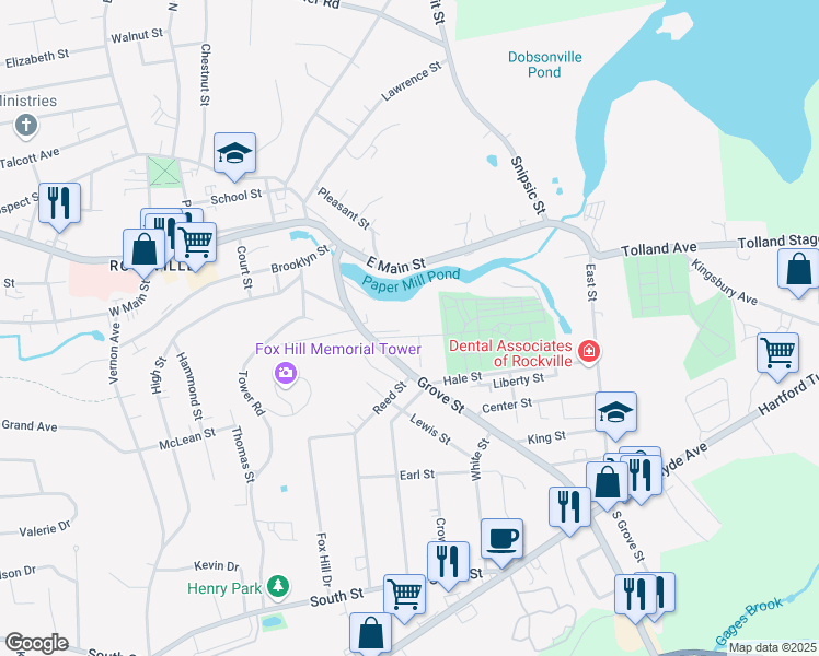 map of restaurants, bars, coffee shops, grocery stores, and more near 6 Bradley Drive in Vernon
