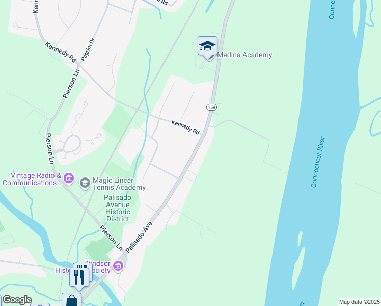 map of restaurants, bars, coffee shops, grocery stores, and more near 345 Palisado Avenue in Windsor