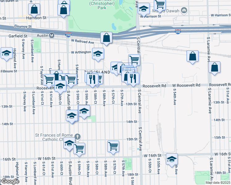 map of restaurants, bars, coffee shops, grocery stores, and more near 1212 South 57th Court in Cicero