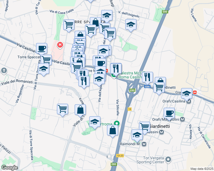 map of restaurants, bars, coffee shops, grocery stores, and more near 52 Via Sassonegro in Roma