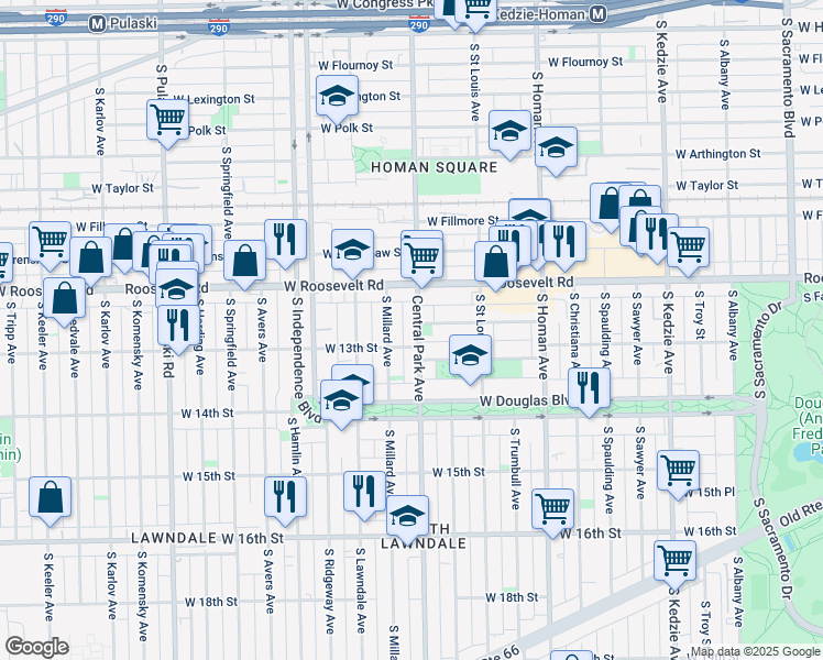 map of restaurants, bars, coffee shops, grocery stores, and more near 1242 South Central Park Avenue in Chicago