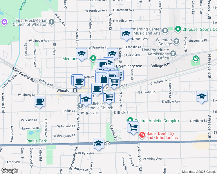 map of restaurants, bars, coffee shops, grocery stores, and more near 105 West Front Street in Wheaton