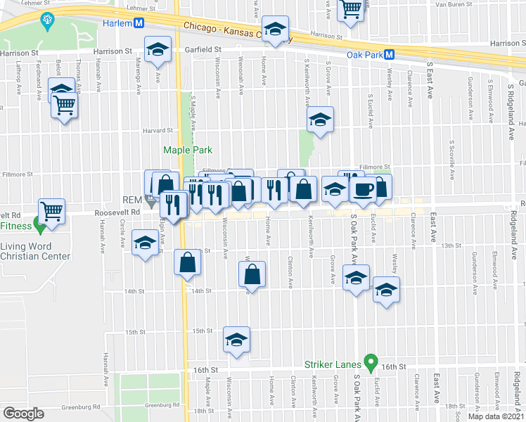 map of restaurants, bars, coffee shops, grocery stores, and more near 7003 West Roosevelt Road in Oak Park