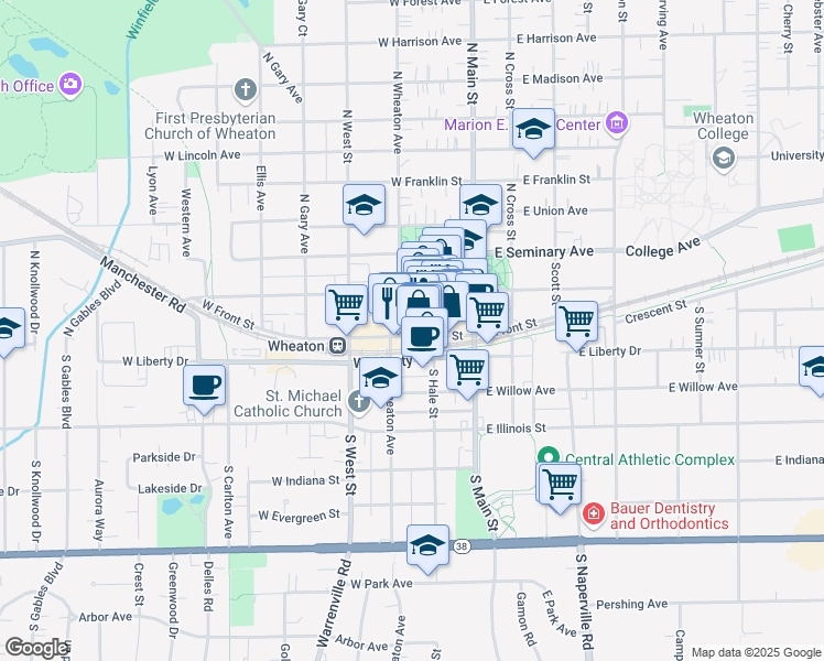 map of restaurants, bars, coffee shops, grocery stores, and more near 100 North Hale Street in Wheaton