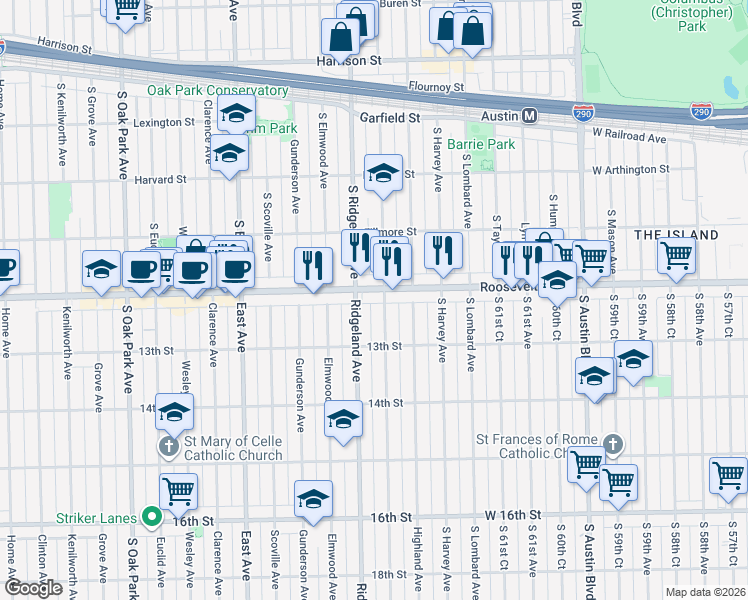 map of restaurants, bars, coffee shops, grocery stores, and more near 1200 Cuyler Avenue in Berwyn