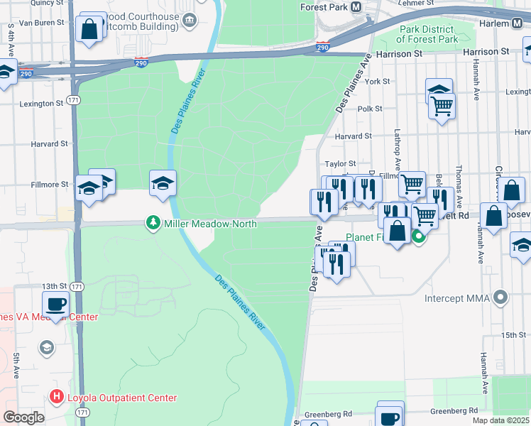 map of restaurants, bars, coffee shops, grocery stores, and more near 7913 Roosevelt Road in Forest Park
