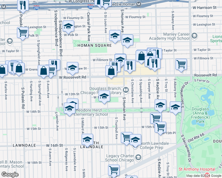 map of restaurants, bars, coffee shops, grocery stores, and more near 3447 West 12th Place in Chicago