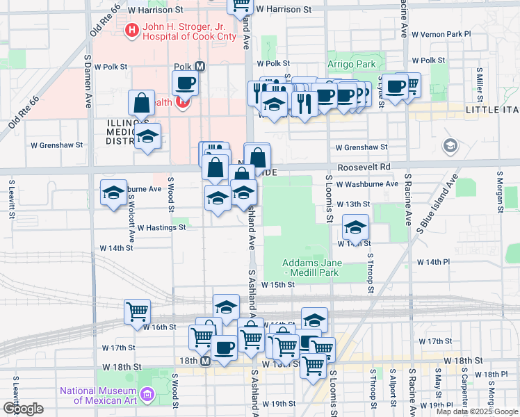 map of restaurants, bars, coffee shops, grocery stores, and more near 1301 South Ashland Avenue in Chicago