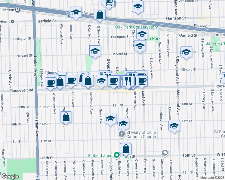 map of restaurants, bars, coffee shops, grocery stores, and more near in Oak Park