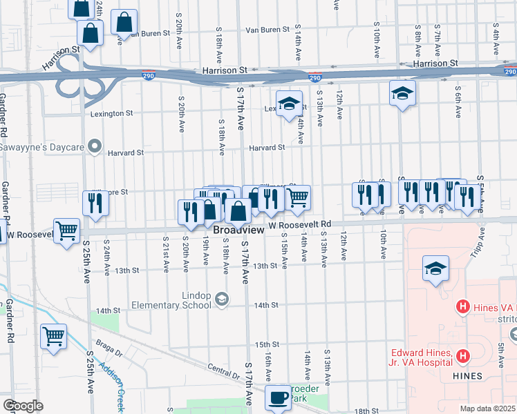 map of restaurants, bars, coffee shops, grocery stores, and more near 2122 16th Avenue in Broadview