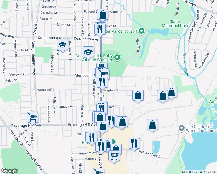 map of restaurants, bars, coffee shops, grocery stores, and more near 50 Courtney Avenue in Pawtucket