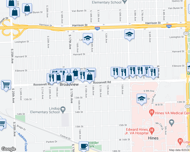 map of restaurants, bars, coffee shops, grocery stores, and more near 2125 14th Avenue in Broadview
