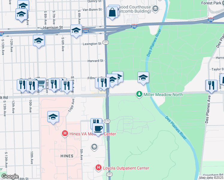 map of restaurants, bars, coffee shops, grocery stores, and more near 8601 Roosevelt Road in Forest Park