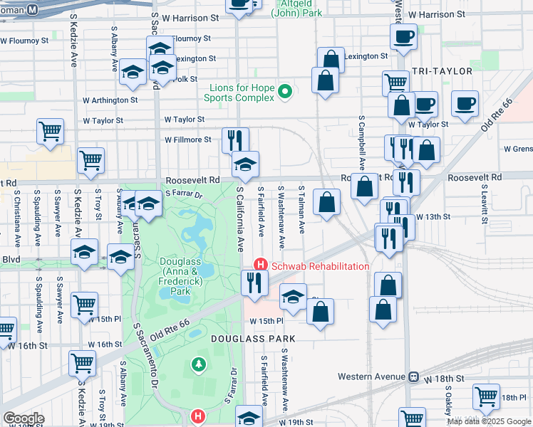 map of restaurants, bars, coffee shops, grocery stores, and more near 1253 South Fairfield Avenue in Chicago