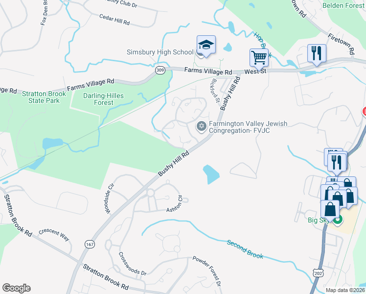 map of restaurants, bars, coffee shops, grocery stores, and more near 14 Southbridge Court in Simsbury