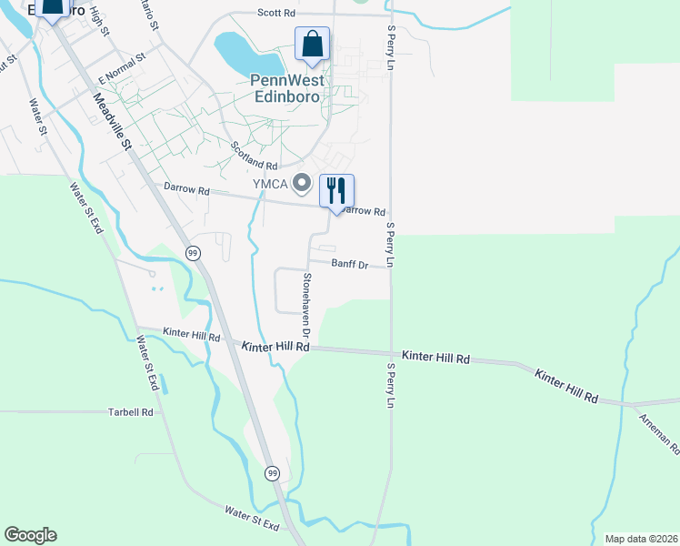 map of restaurants, bars, coffee shops, grocery stores, and more near 104 Banff Drive in Edinboro